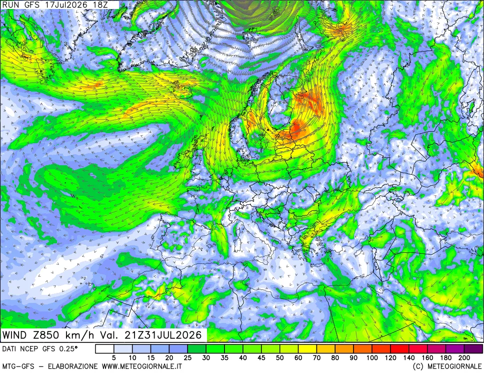 mappa 850 hPa Vento forza e direzione