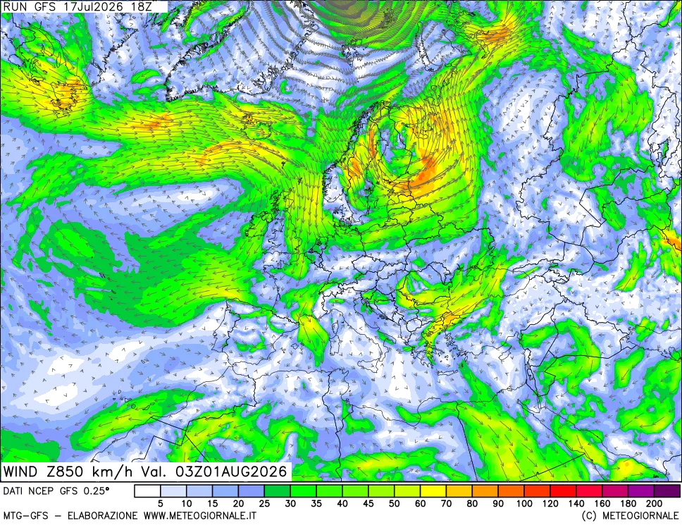 mappa 850 hPa Vento forza e direzione