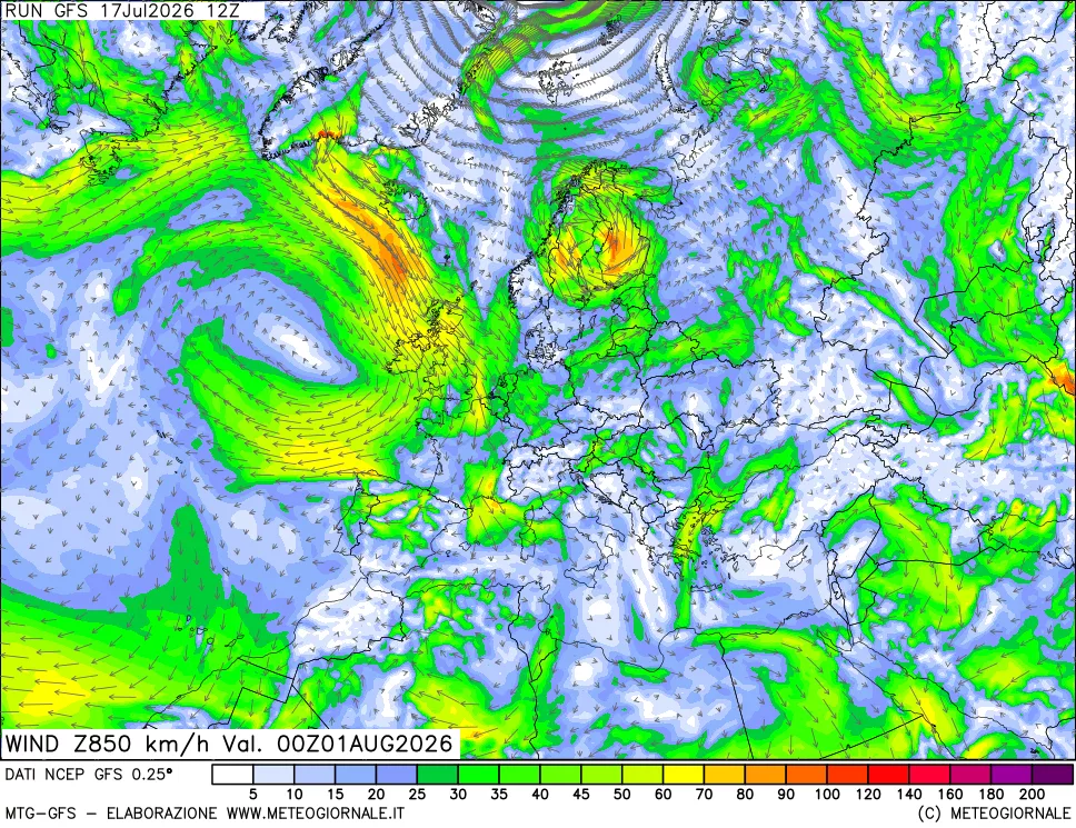 mappa 850 hPa Vento forza e direzione
