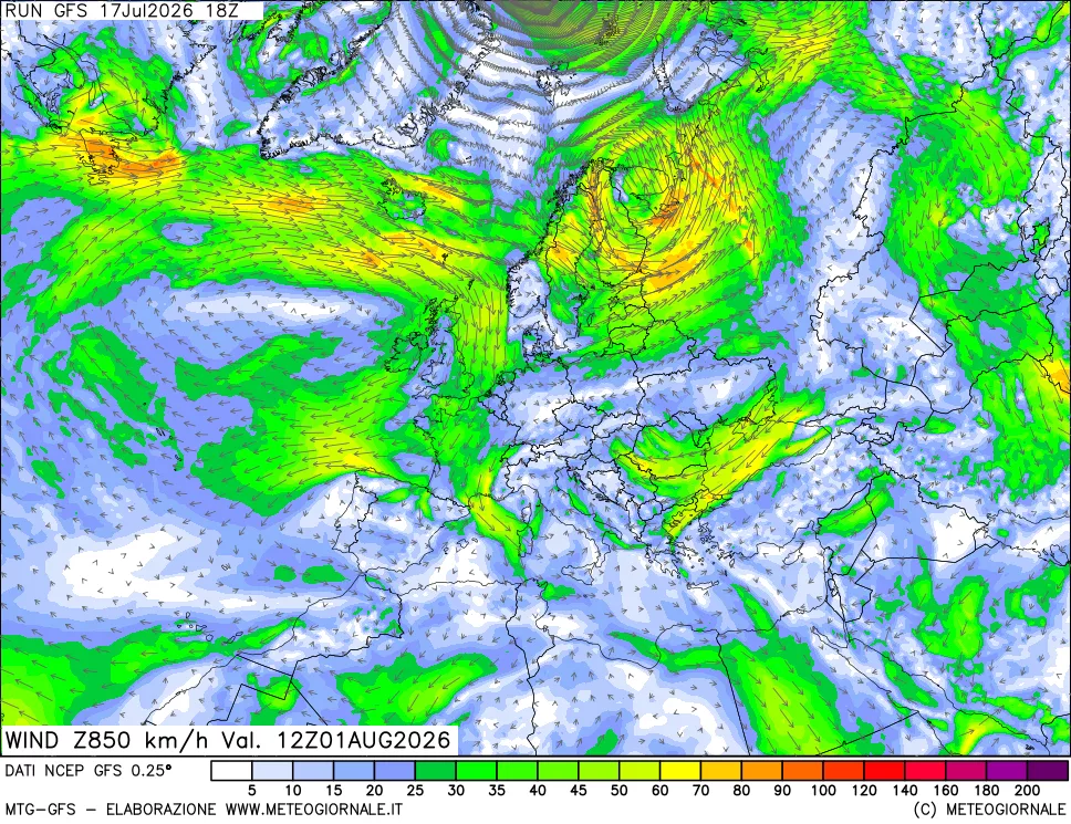 mappa 850 hPa Vento forza e direzione