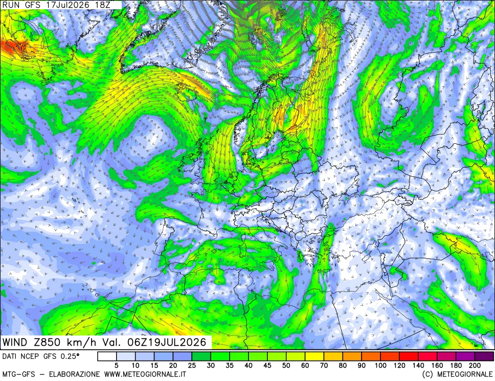 mappa 850 hPa Vento forza e direzione