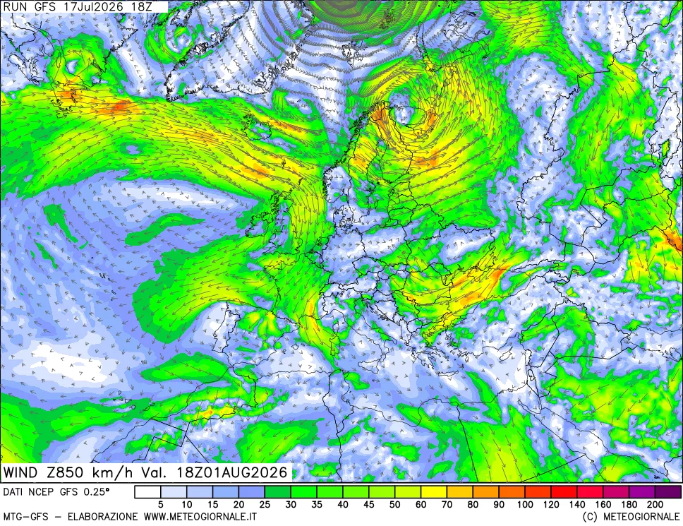 mappa 850 hPa Vento forza e direzione