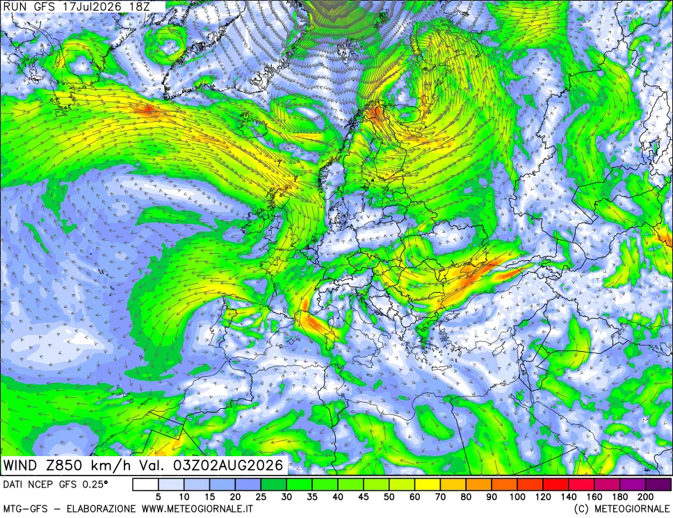mappa 850 hPa Vento forza e direzione