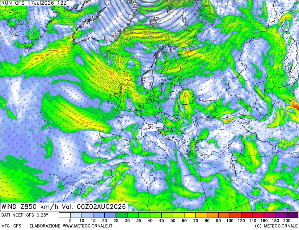 mappa 850 hPa Vento forza e direzione