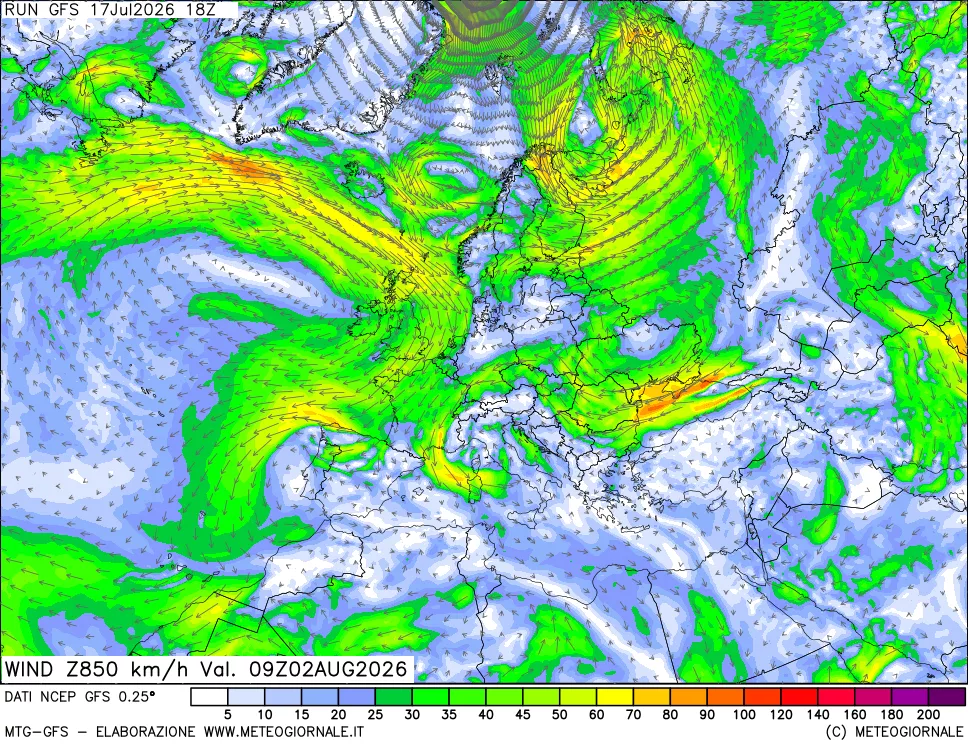 mappa 850 hPa Vento forza e direzione