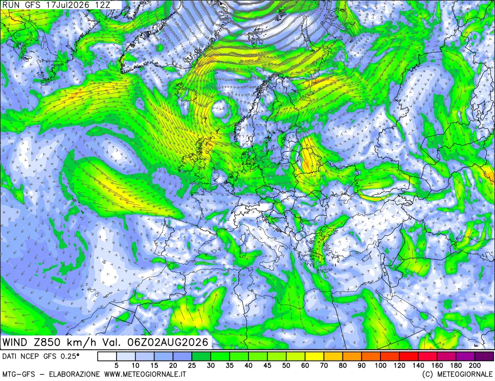 mappa 850 hPa Vento forza e direzione