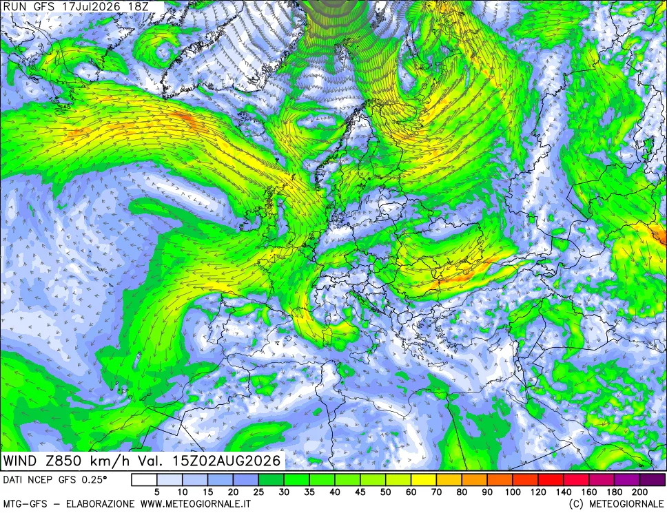mappa 850 hPa Vento forza e direzione