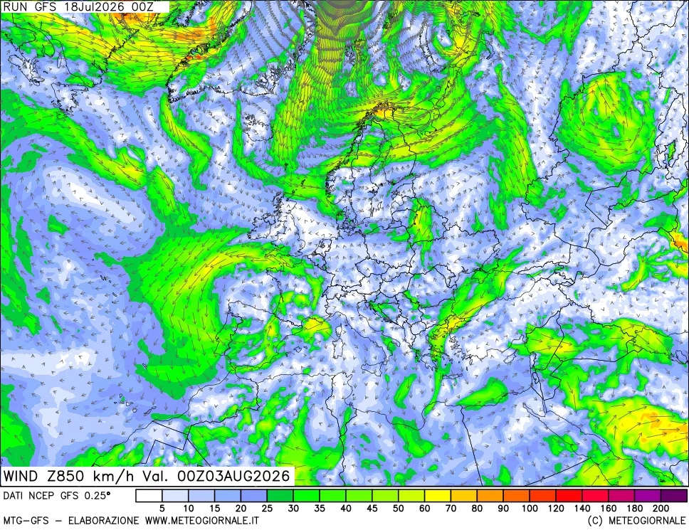 mappa 850 hPa Vento forza e direzione