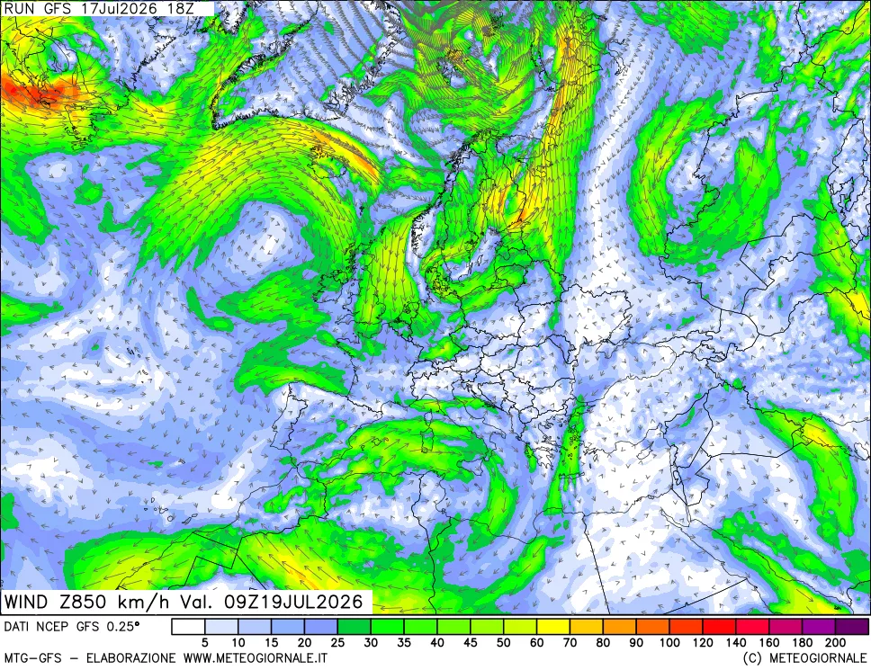 mappa 850 hPa Vento forza e direzione