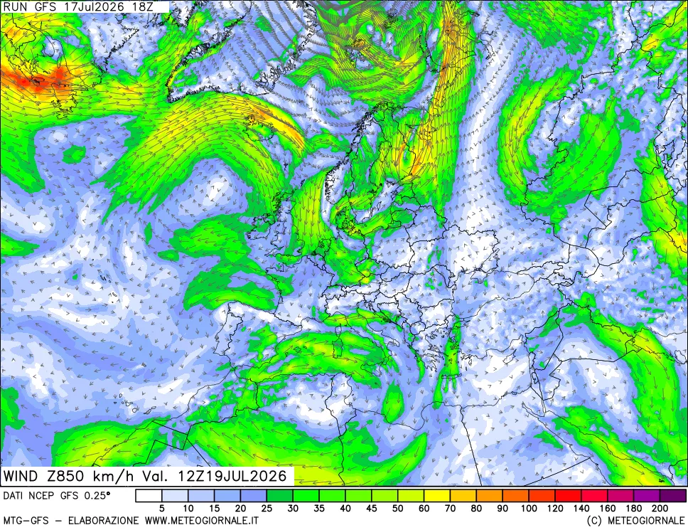 mappa 850 hPa Vento forza e direzione