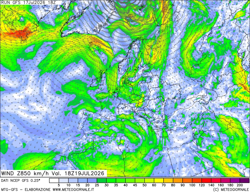 mappa 850 hPa Vento forza e direzione