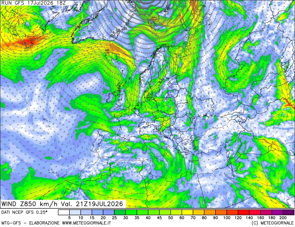 mappa 850 hPa Vento forza e direzione