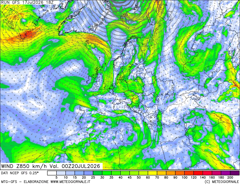 mappa 850 hPa Vento forza e direzione