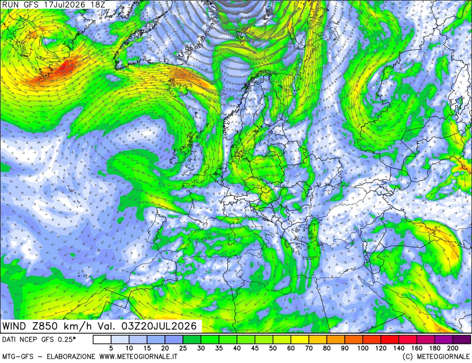 mappa 850 hPa Vento forza e direzione