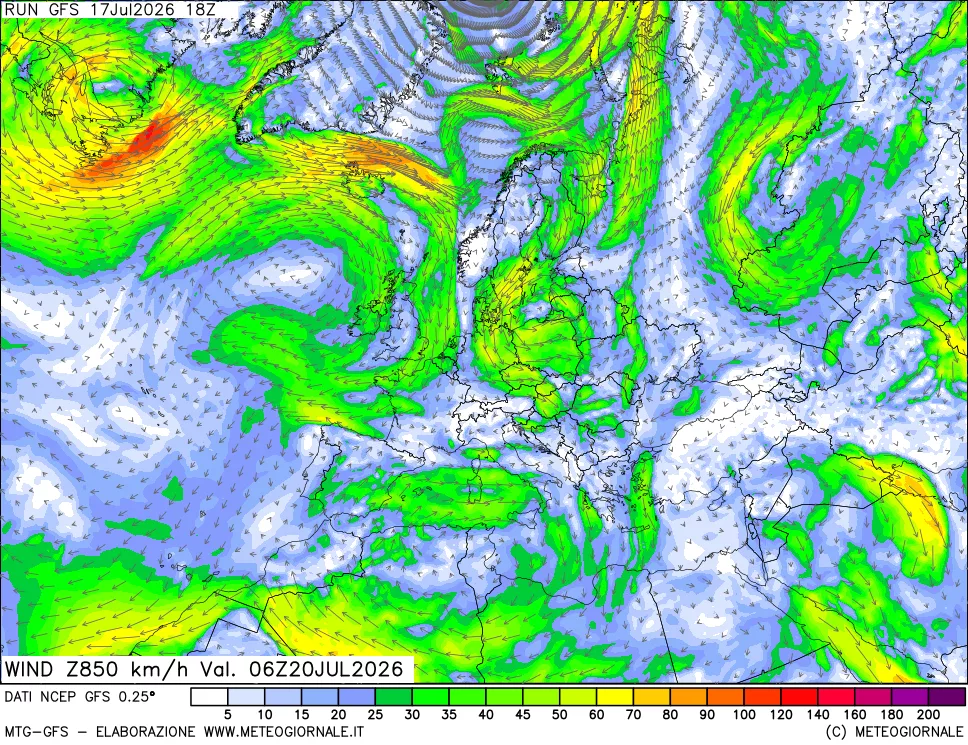 mappa 850 hPa Vento forza e direzione