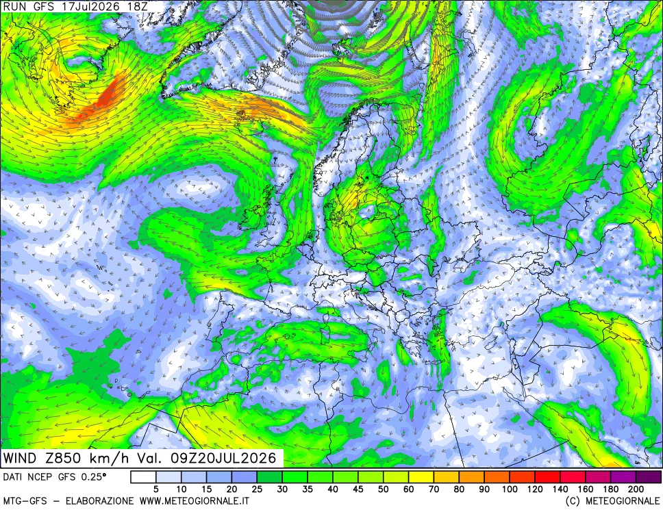mappa 850 hPa Vento forza e direzione
