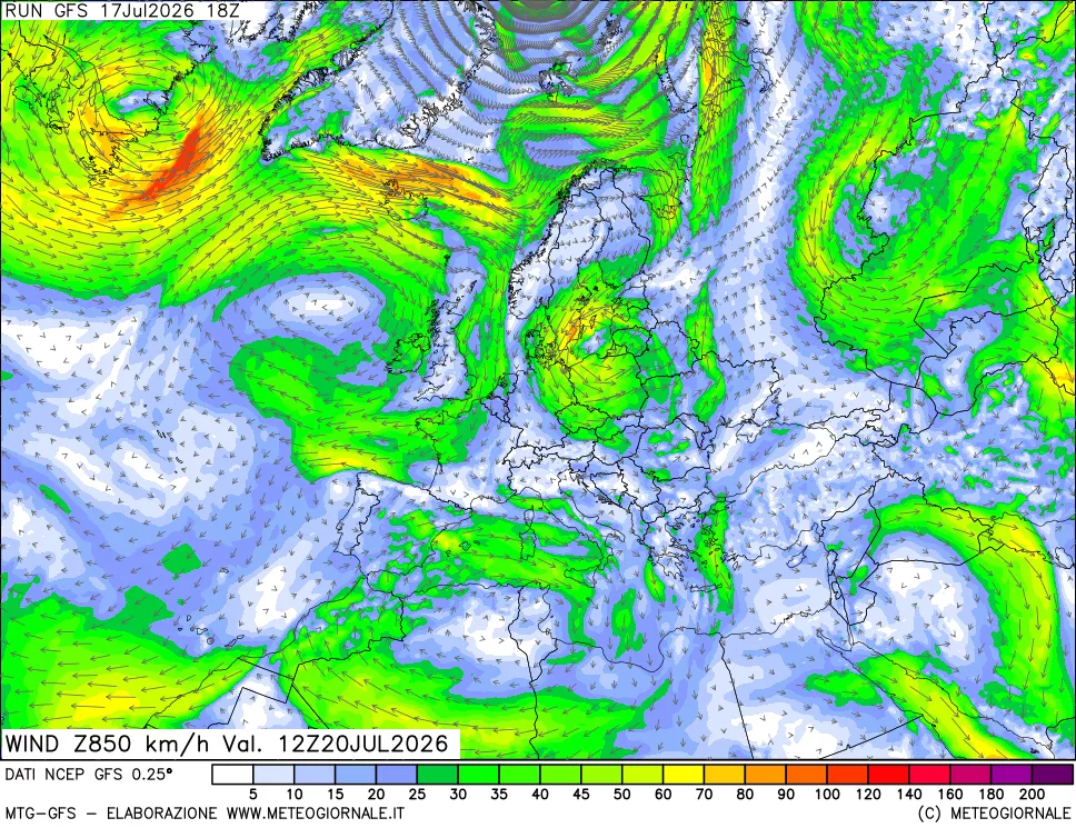 mappa 850 hPa Vento forza e direzione