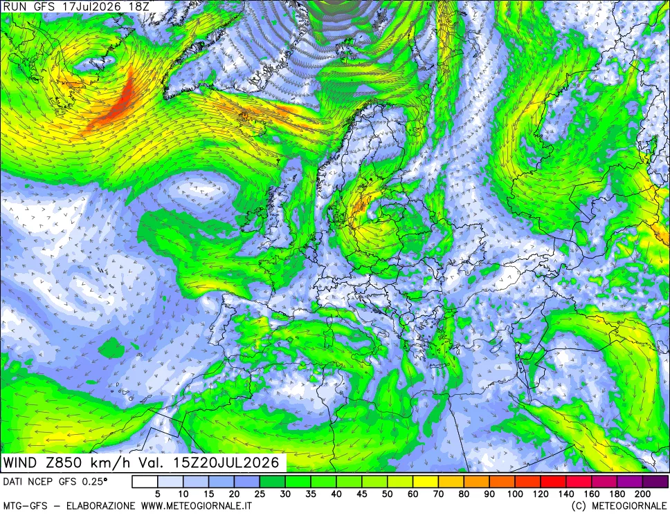 mappa 850 hPa Vento forza e direzione