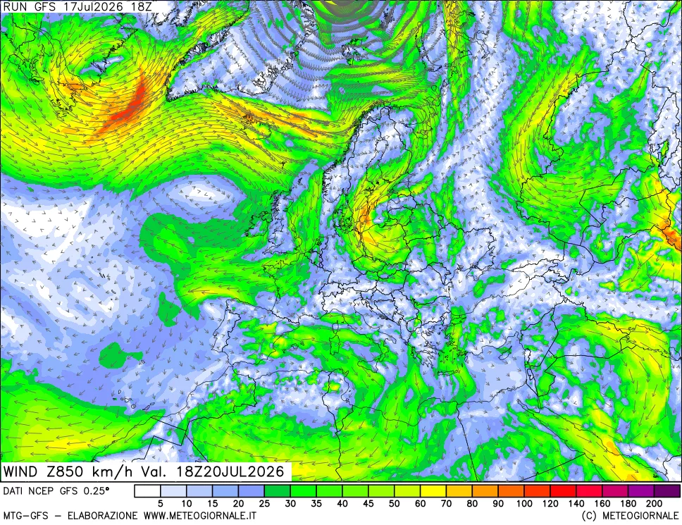 mappa 850 hPa Vento forza e direzione