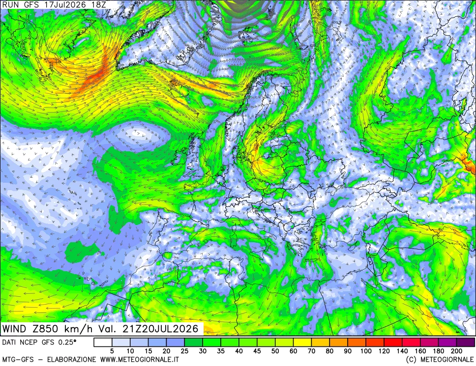 mappa 850 hPa Vento forza e direzione