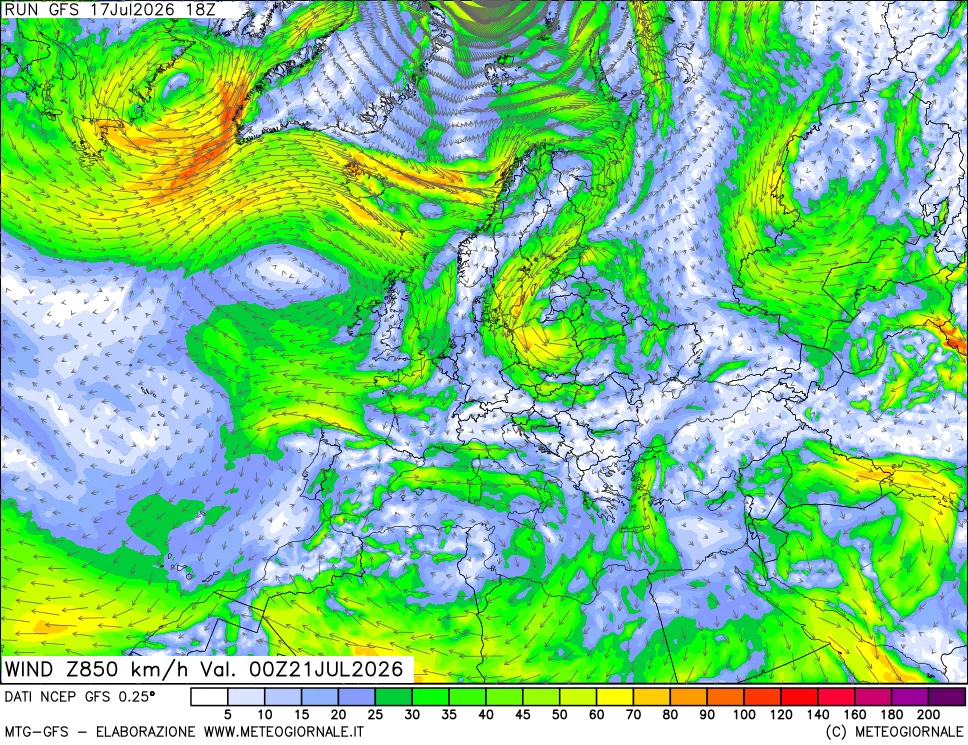 mappa 850 hPa Vento forza e direzione