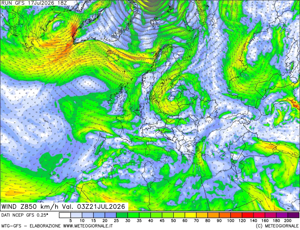 mappa 850 hPa Vento forza e direzione