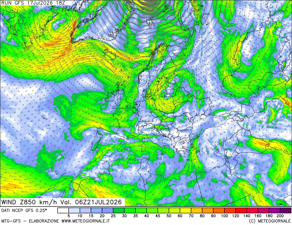 mappa 850 hPa Vento forza e direzione