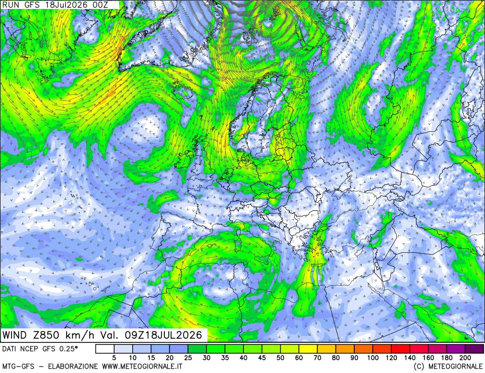 mappa 850 hPa Vento forza e direzione