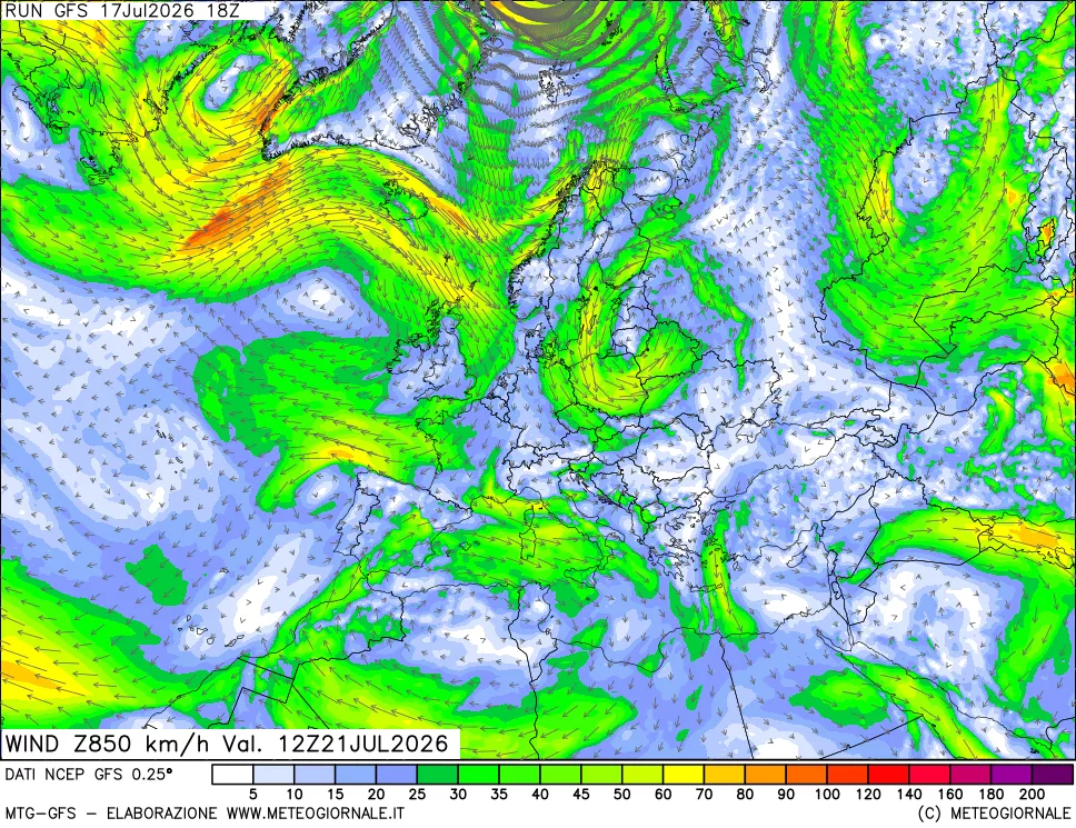 mappa 850 hPa Vento forza e direzione