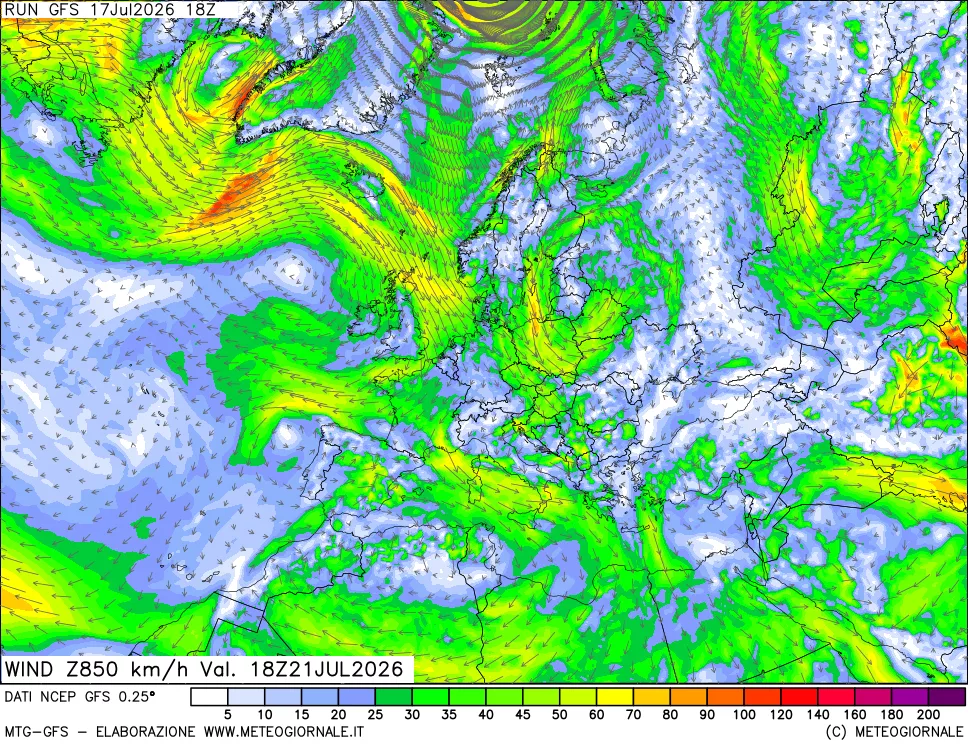 mappa 850 hPa Vento forza e direzione
