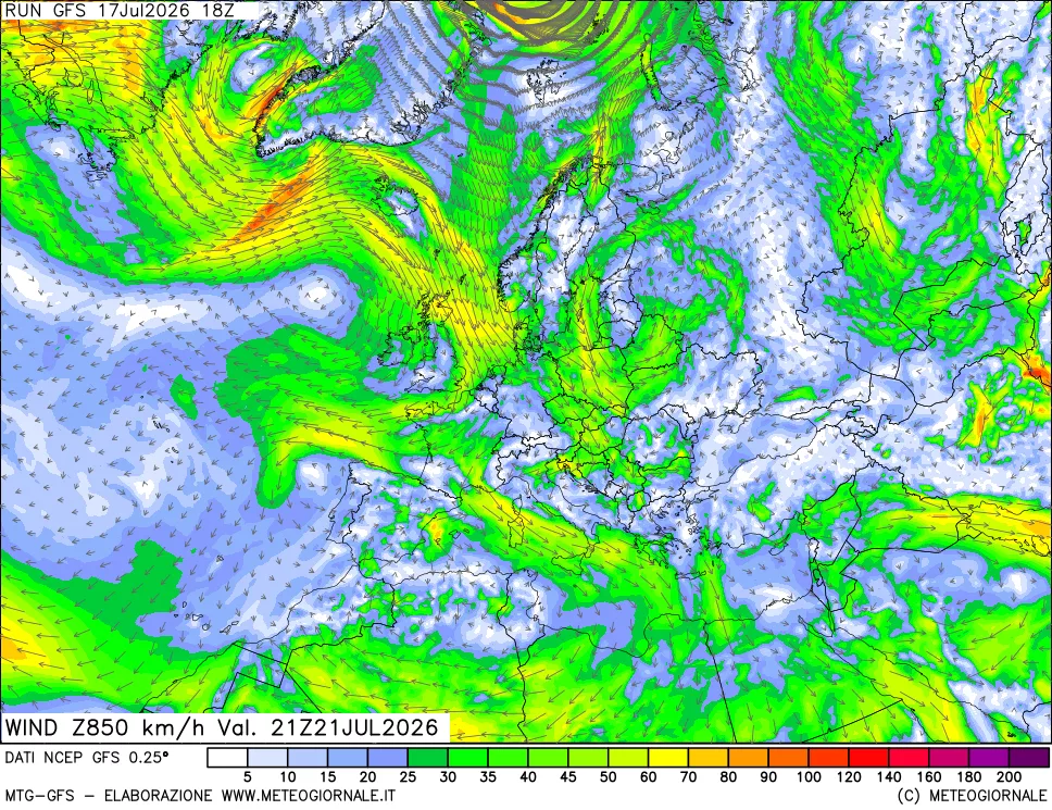 mappa 850 hPa Vento forza e direzione