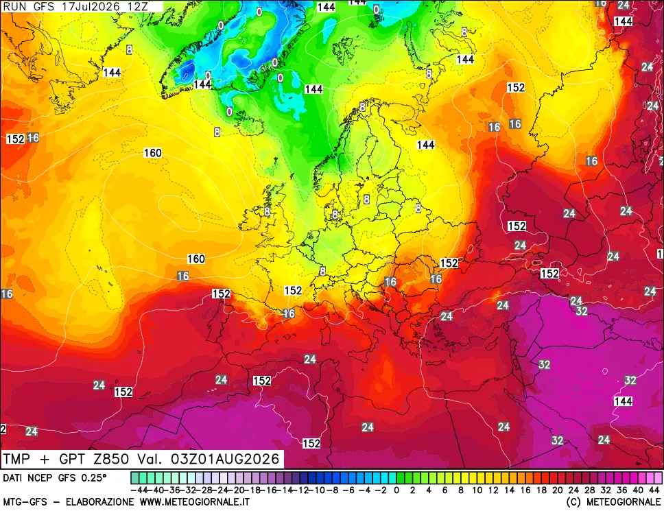 mappa 850 hPa Temp + GPT