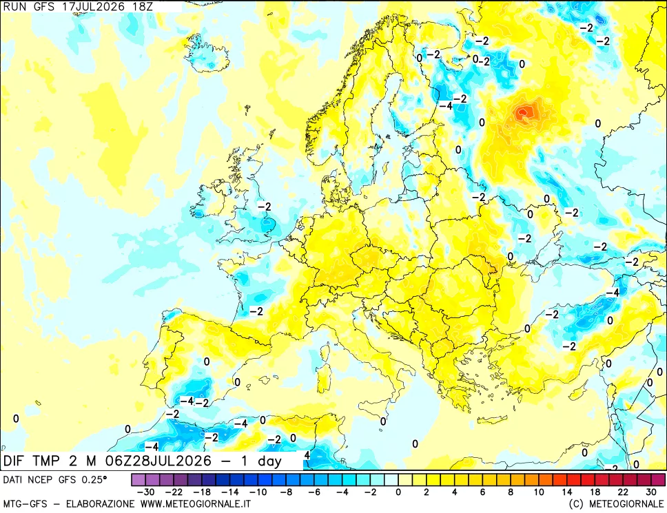 mappa Dif. Temp a 2 metri Valid - 1 day