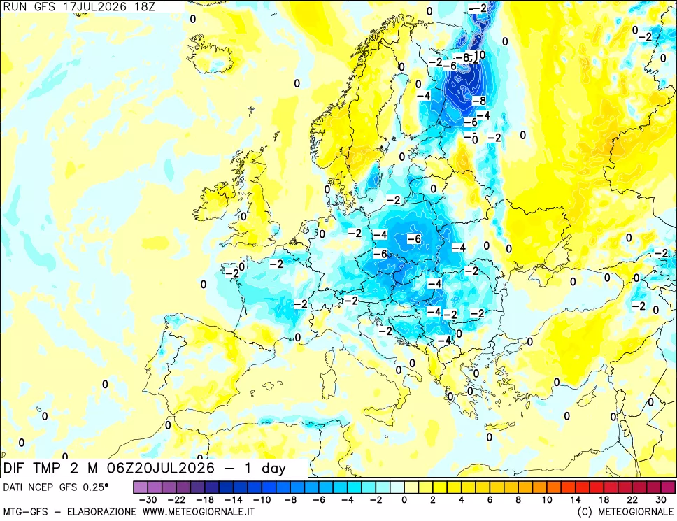 mappa Dif. Temp a 2 metri Valid - 1 day