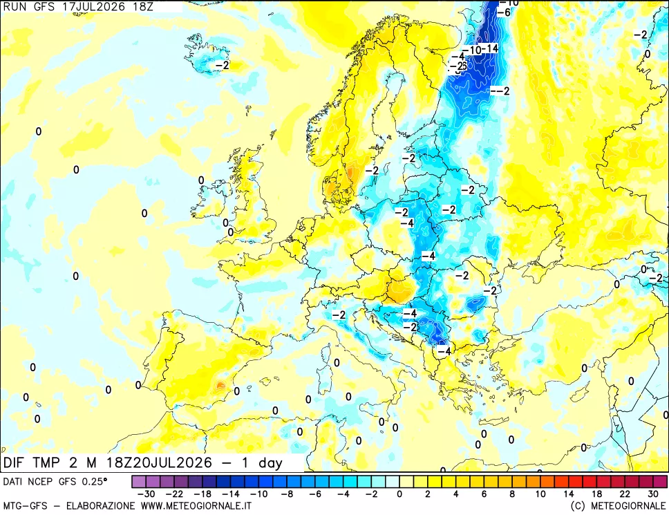 mappa Dif. Temp a 2 metri Valid - 1 day