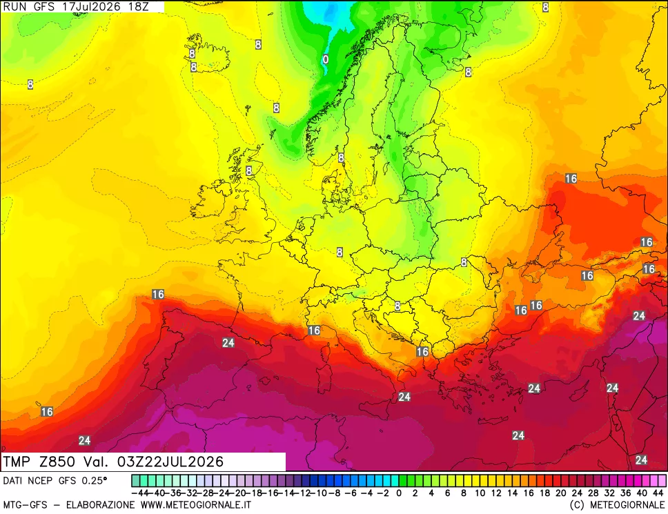 mappa 850 hPa Temp