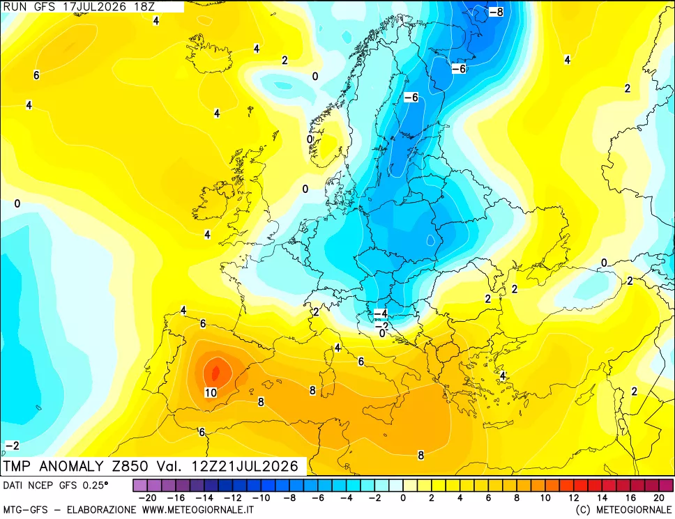 mappa 850 hPa Temp Anomaly vs Cli.No 1981-2010