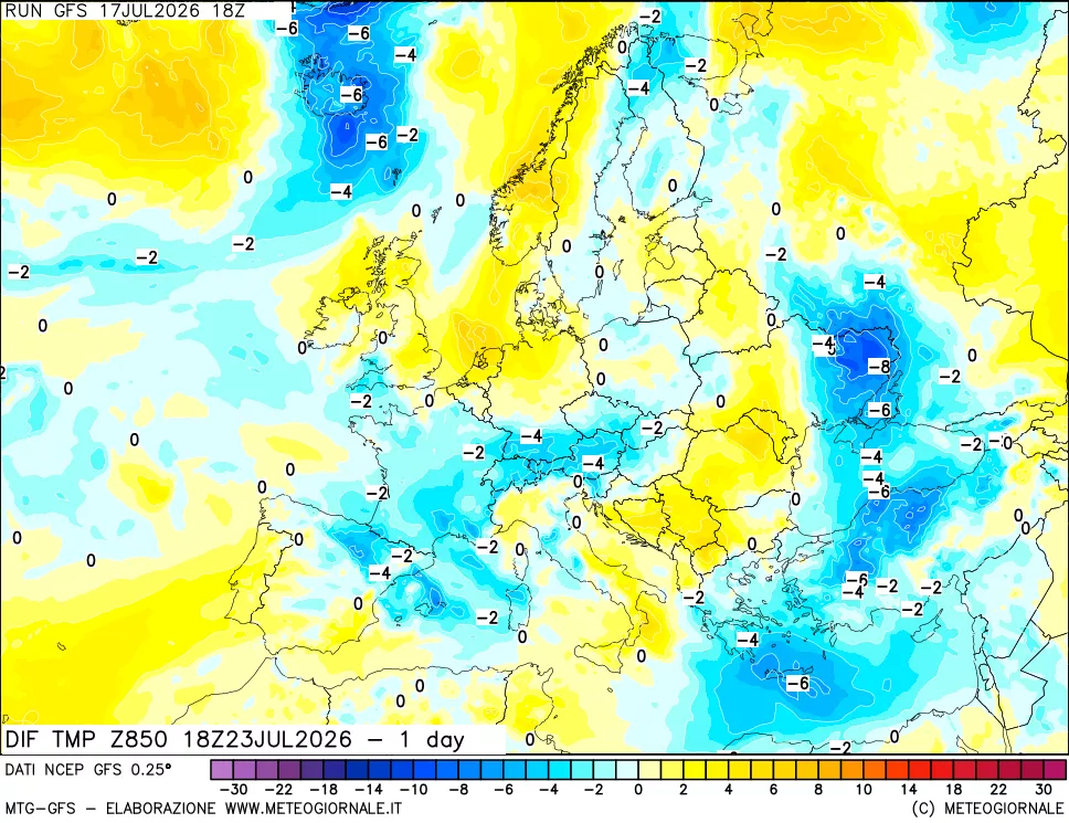 mappa Dif. Temp a 850 hPa Valid - 1 day