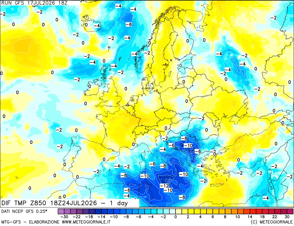 mappa 850 hPA Dif. Temp -24 ore