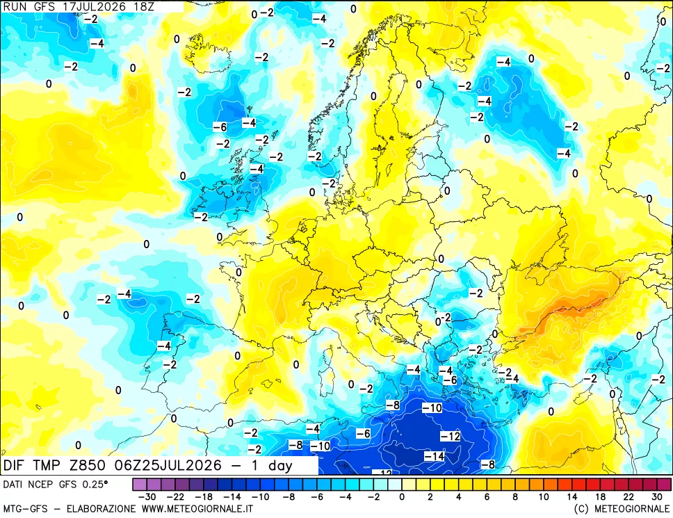 mappa Dif. Temp a 850 hPa Valid - 1 day