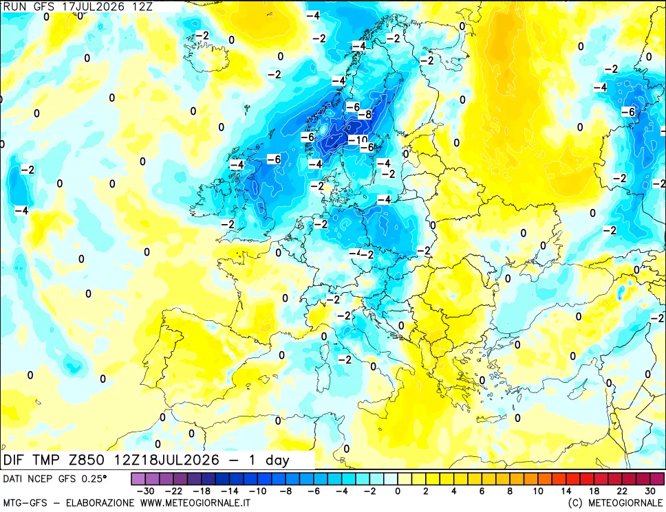 mappa 850 hPA Dif. Temp -24 ore