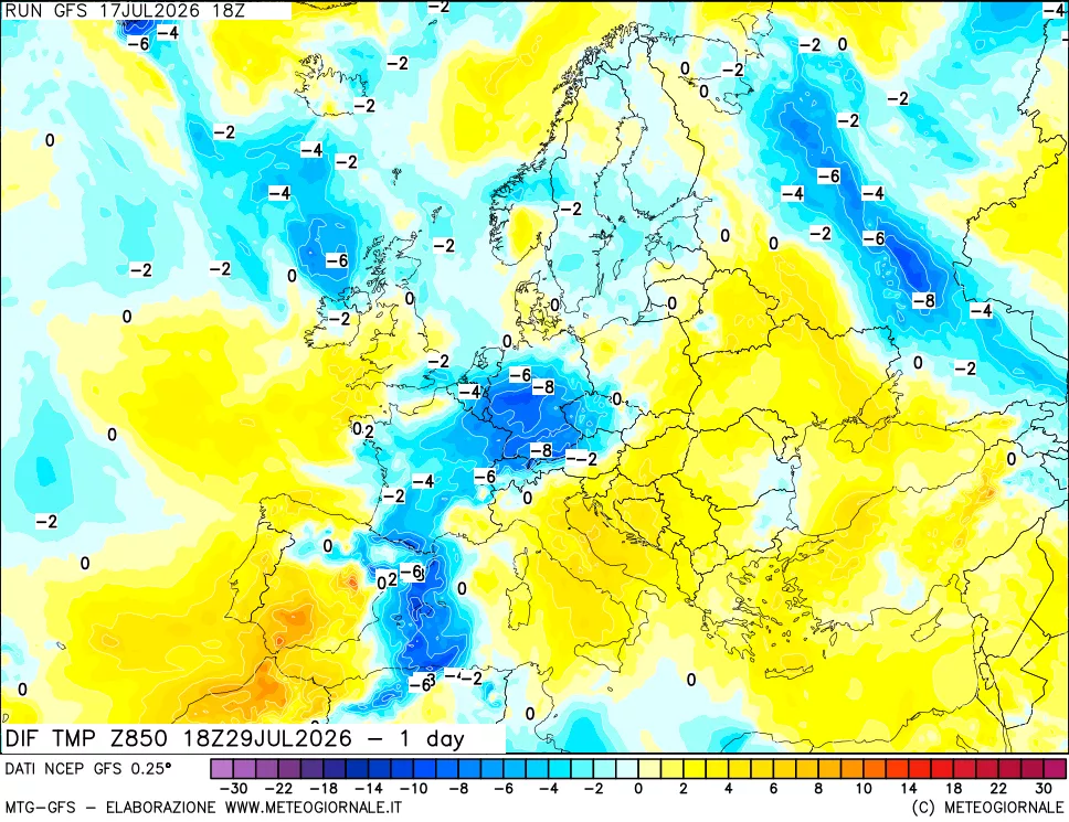 mappa 850 hPA Dif. Temp -24 ore