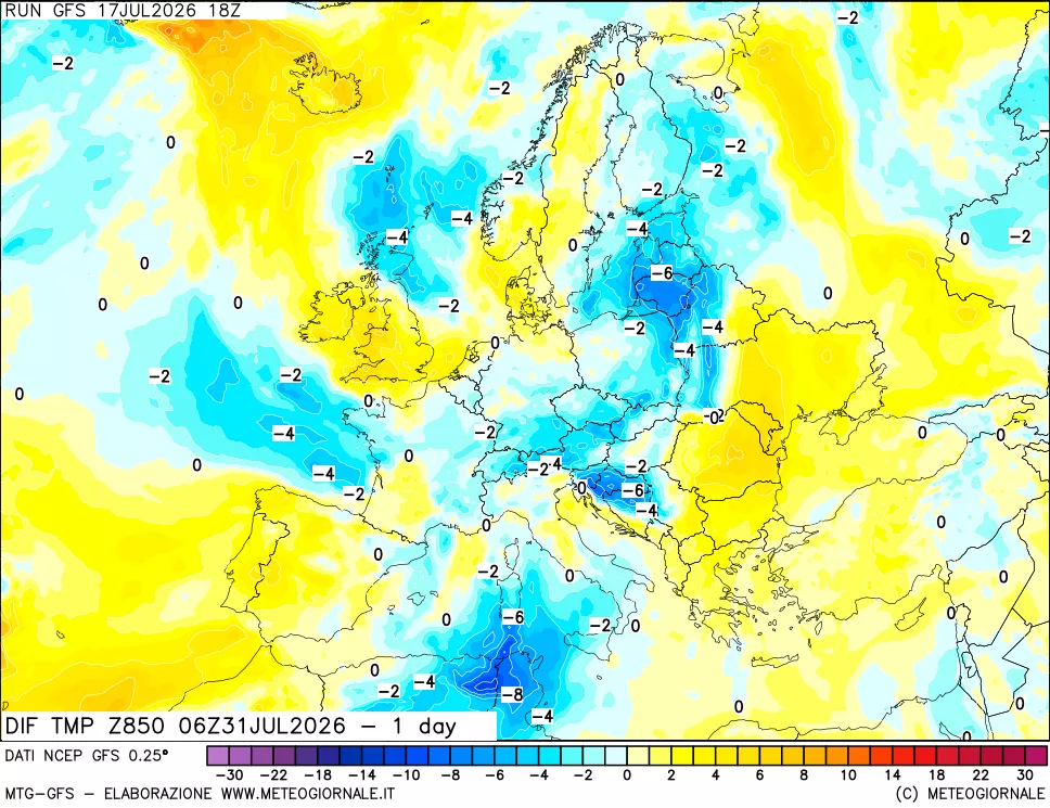 mappa Dif. Temp a 850 hPa Valid - 1 day