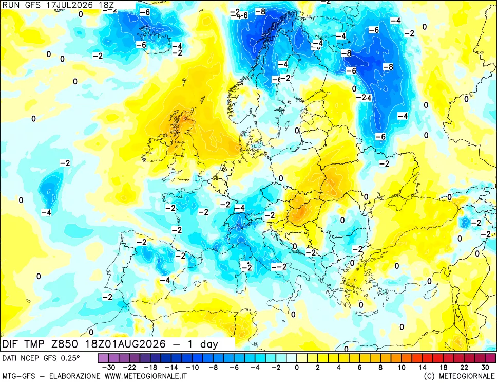 mappa Dif. Temp a 850 hPa Valid - 1 day