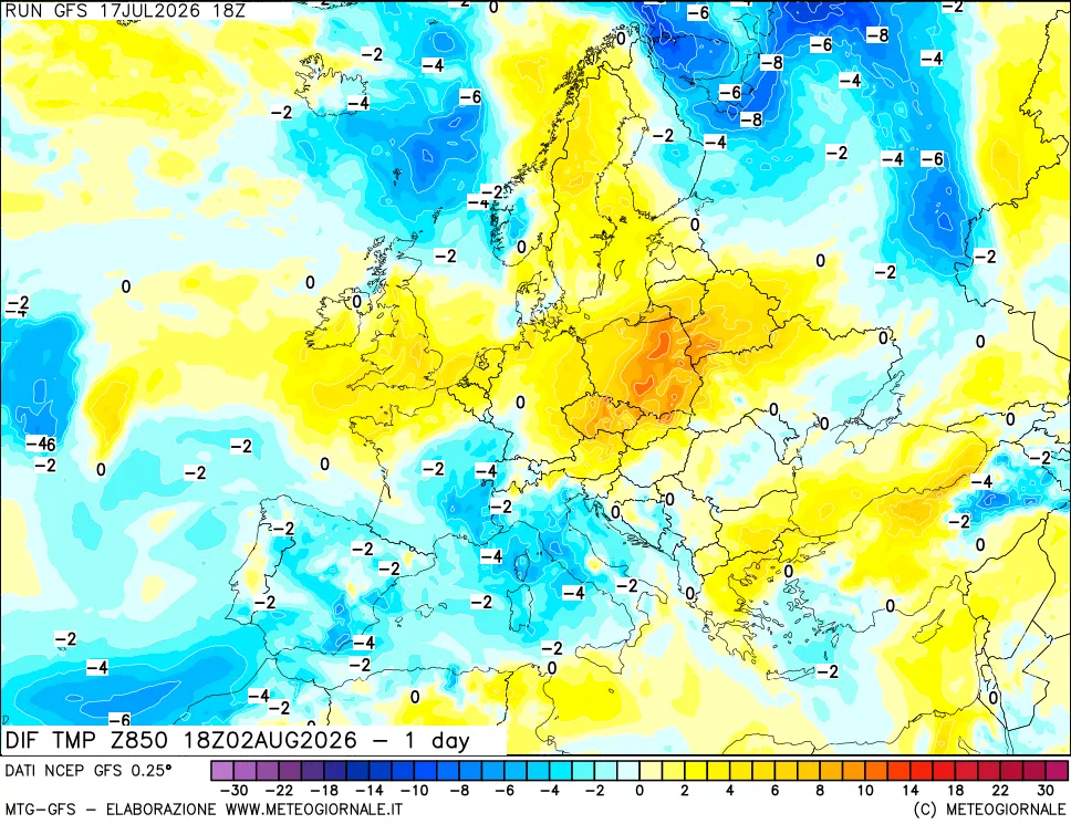 mappa Dif. Temp a 850 hPa Valid - 1 day