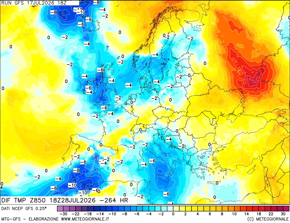 mappa Dif. Temp a 850 hPa Valid - Init