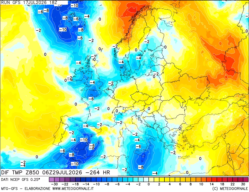 mappa Dif. Temp a 850 hPa Valid - Init