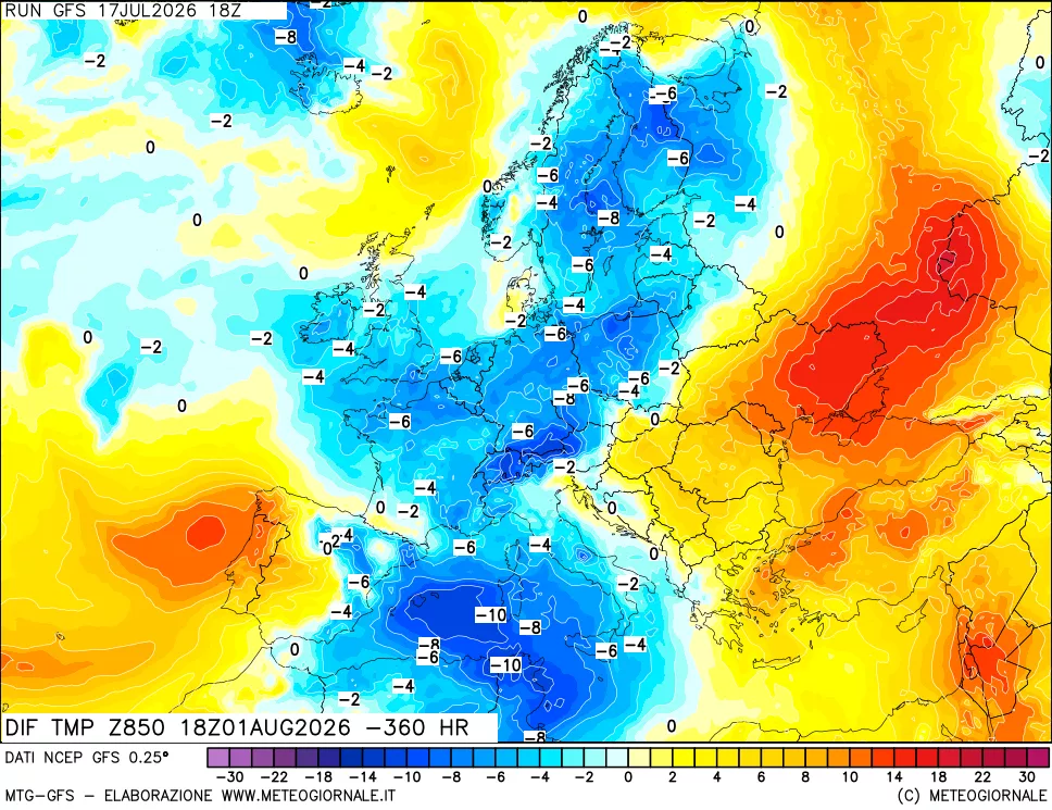 mappa Dif. Temp a 850 hPa Valid - Init