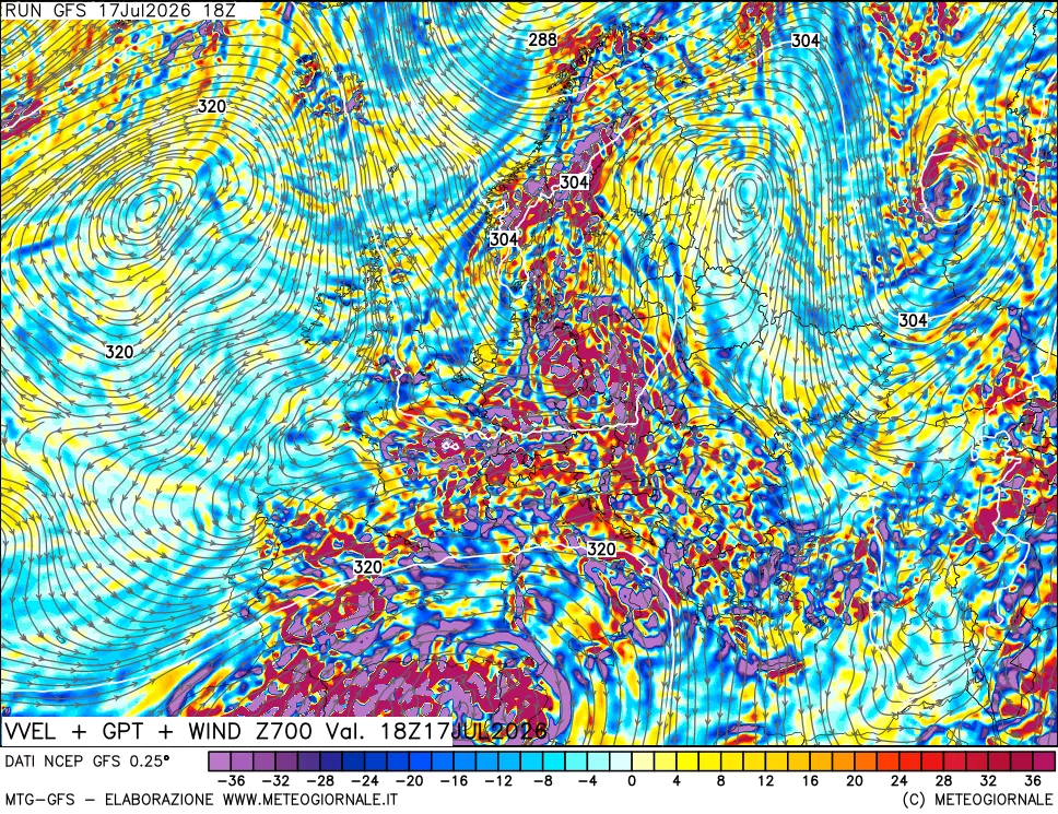 mappa 700 hPa Velocit&agrave; verticiali + GPT + Vento