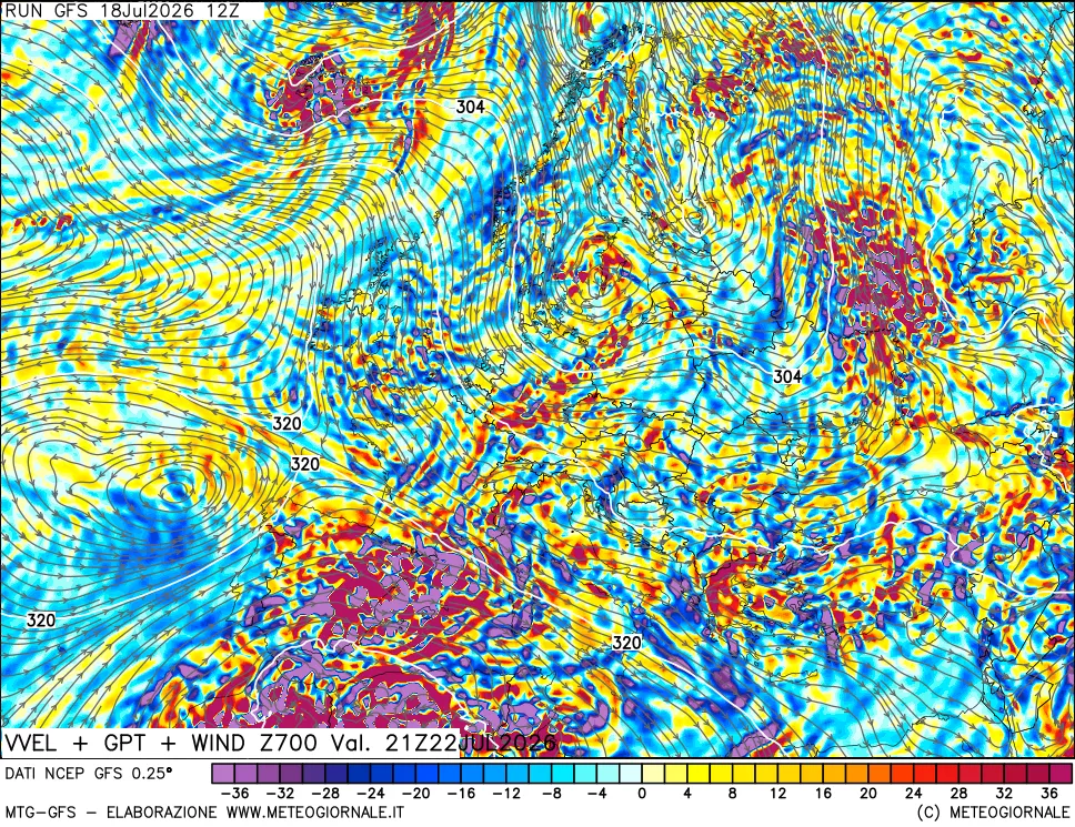 mappa 700 hPa Velocit&agrave; verticiali + GPT + Vento